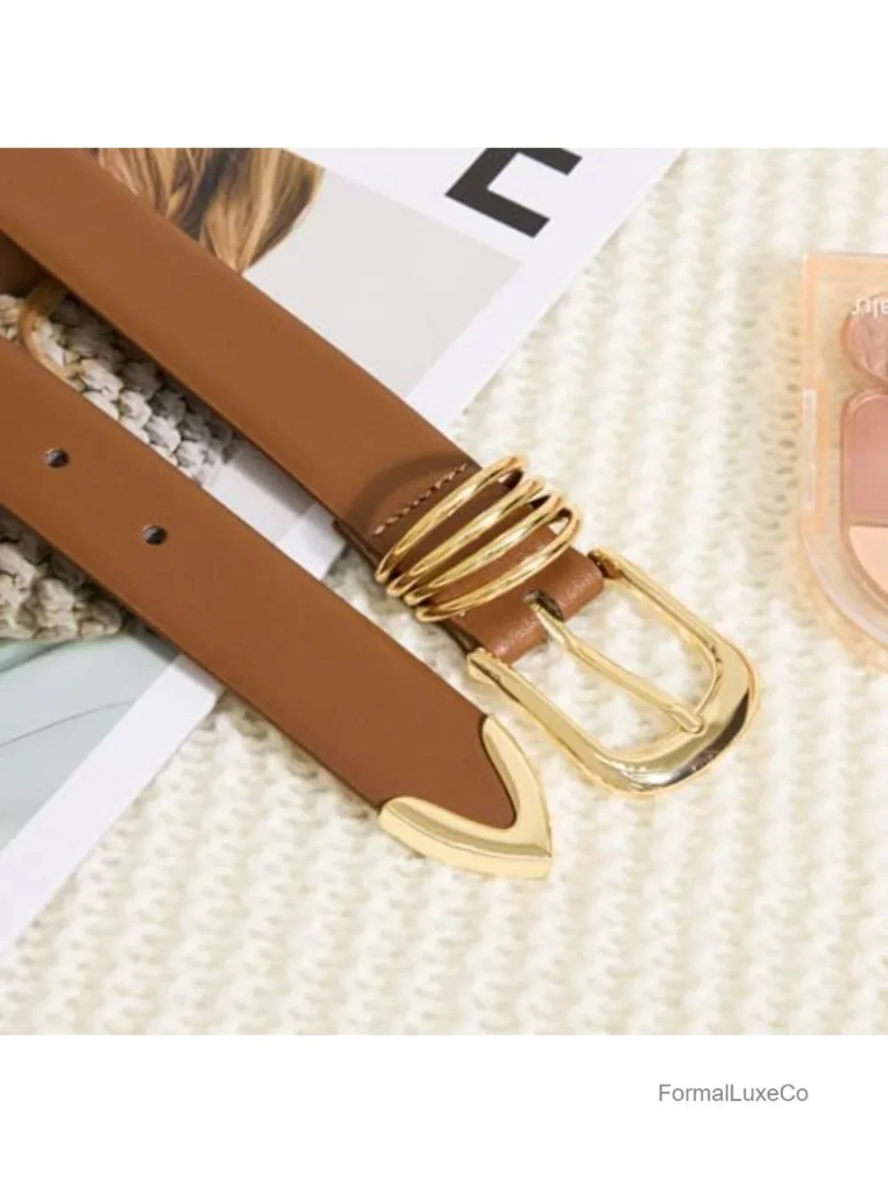 Faux Leather Thin Belt with Gold Buckle Skinny Waist Belt for Women